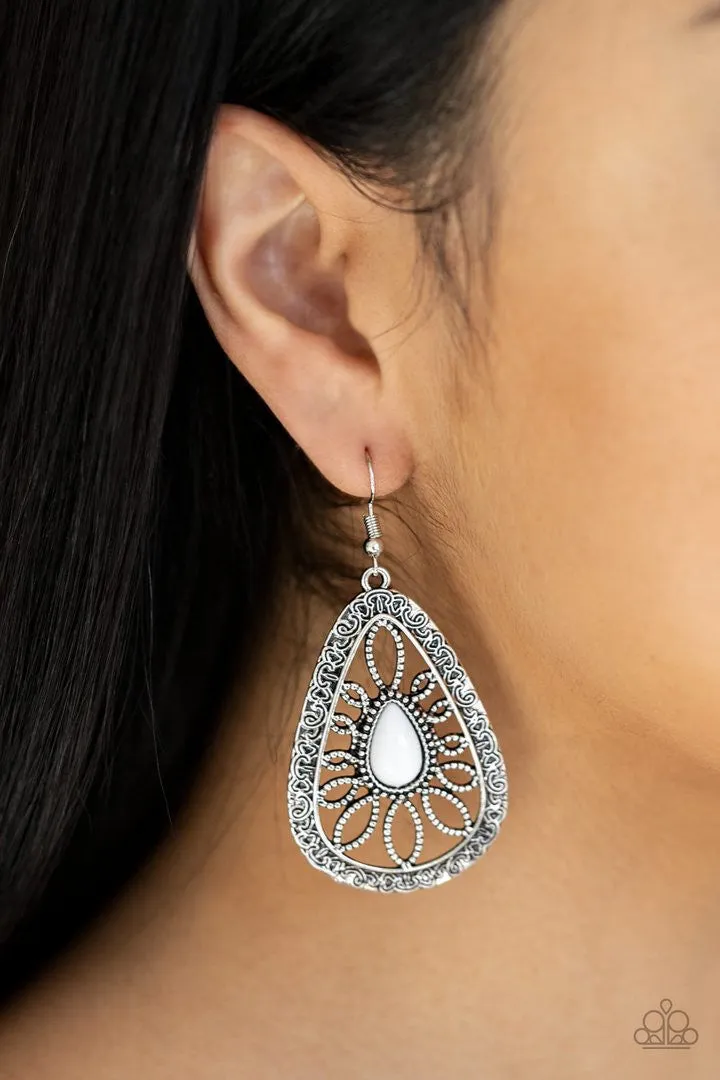 Floral Frill White Paparazzi Earrings