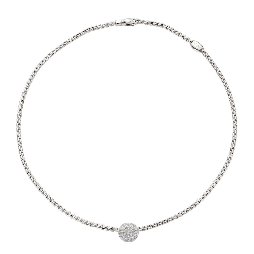 Fope White Gold Rope Necklace with Round Pave Diamond Pendant