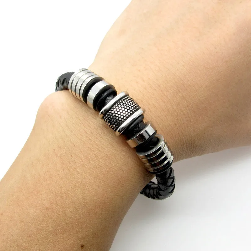 Genuine Leather Bracelet Men Stainless Steel Leather Braid Bracelet With Magnetic Buckle Claps pulseiras masculina