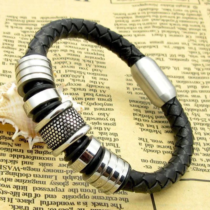 Genuine Leather Bracelet Men Stainless Steel Leather Braid Bracelet With Magnetic Buckle Claps pulseiras masculina