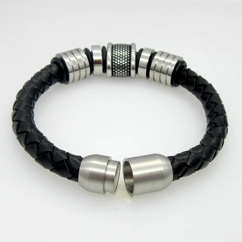 Genuine Leather Bracelet Men Stainless Steel Leather Braid Bracelet With Magnetic Buckle Claps pulseiras masculina
