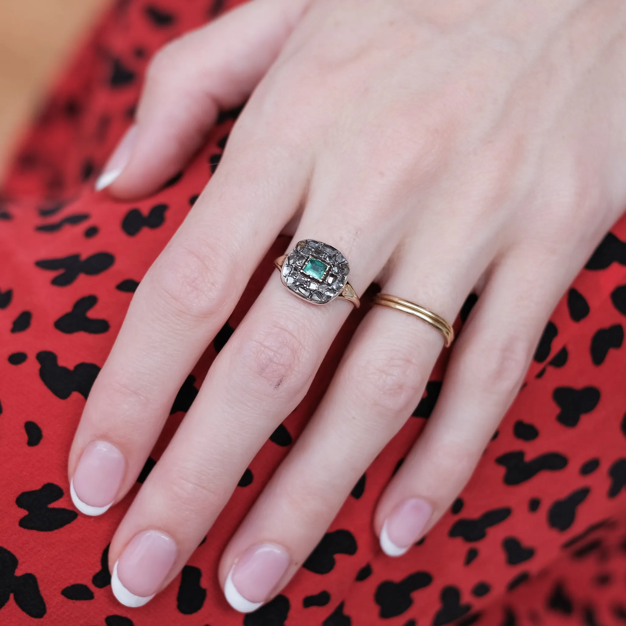 Georgian Emerald Paste & Rose Diamond Cushion Cluster Ring