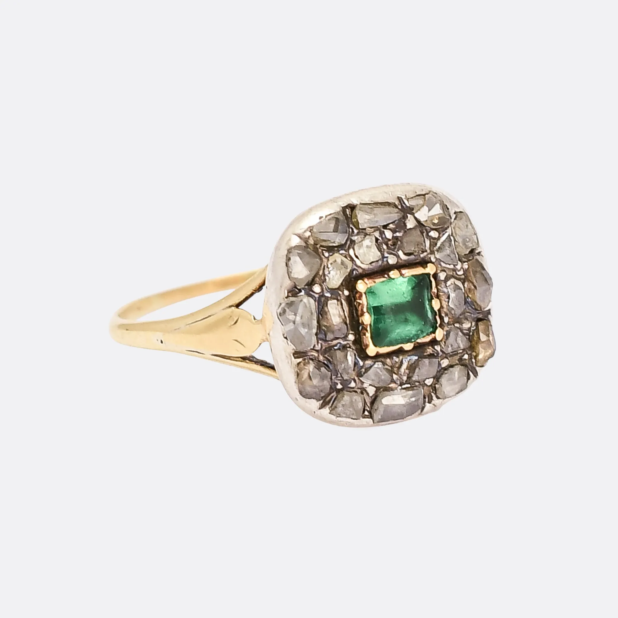 Georgian Emerald Paste & Rose Diamond Cushion Cluster Ring