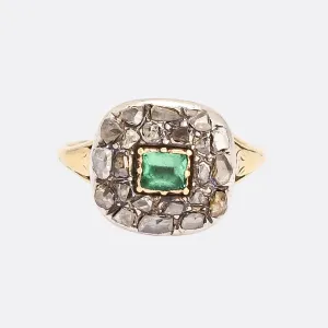 Georgian Emerald Paste & Rose Diamond Cushion Cluster Ring