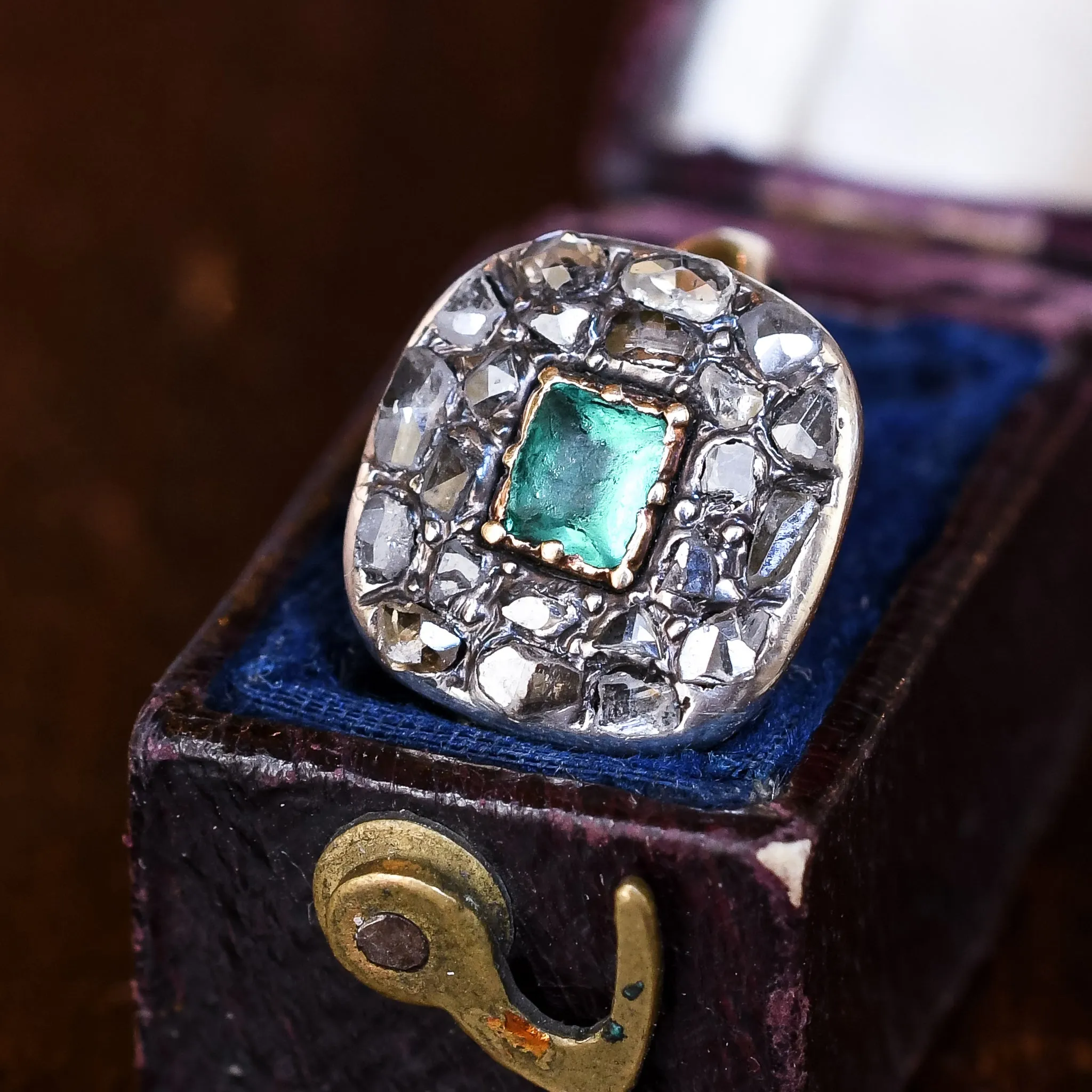 Georgian Emerald Paste & Rose Diamond Cushion Cluster Ring