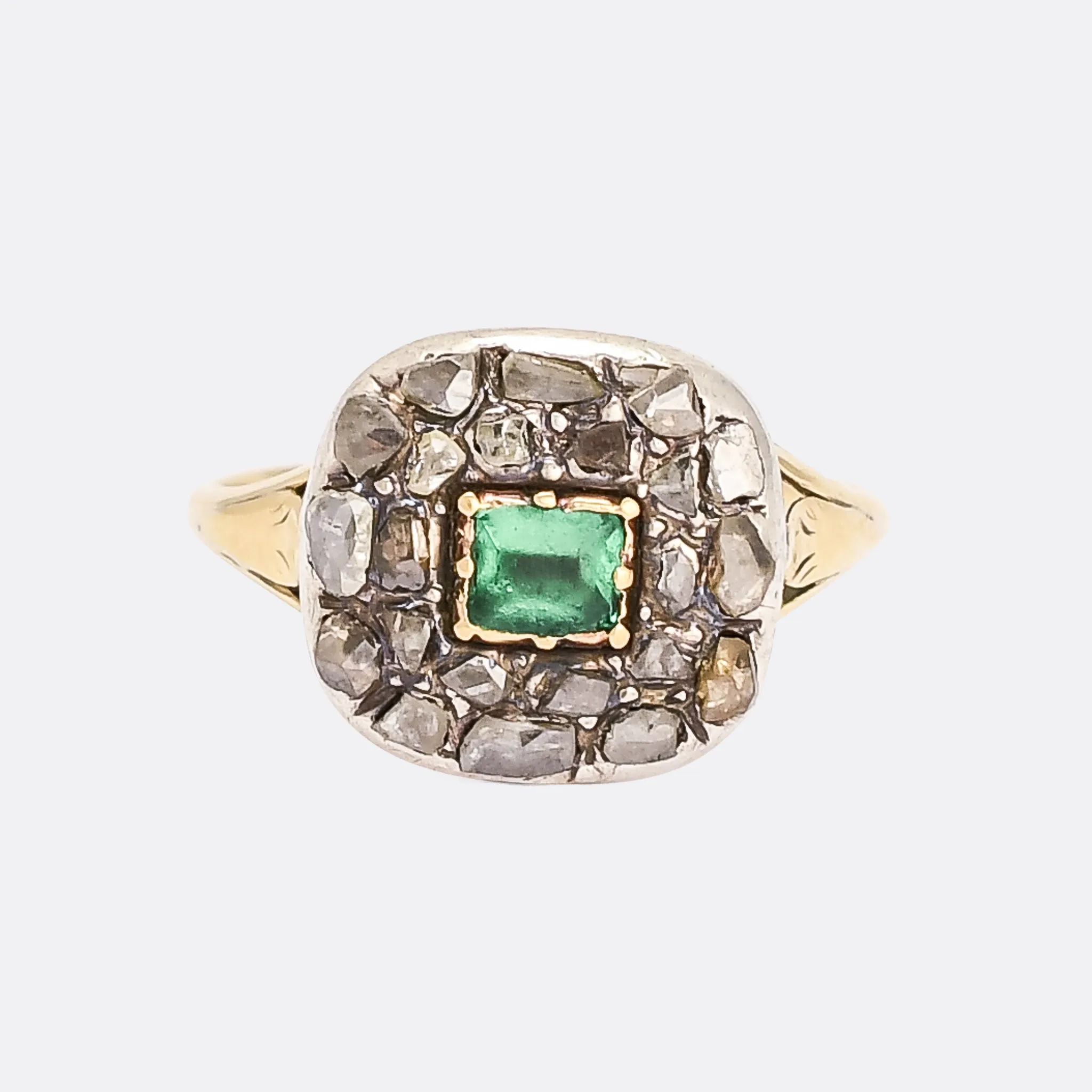 Georgian Emerald Paste & Rose Diamond Cushion Cluster Ring