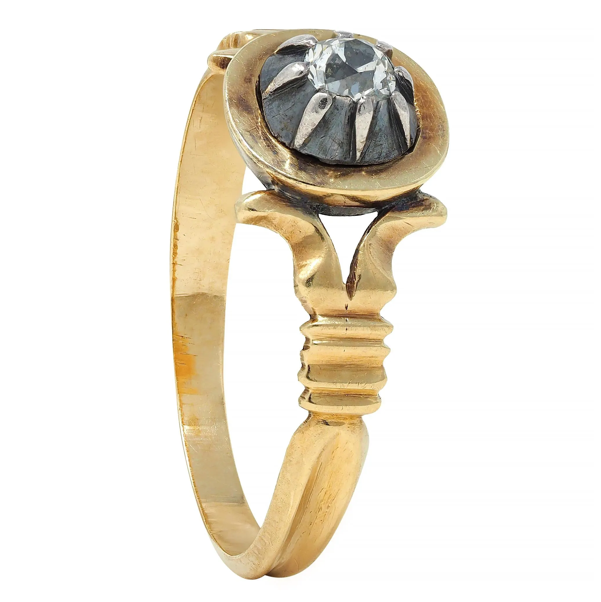 Georgian Old Mine Cut Diamond Silver-Topped 18 Karat Gold Antique Engagement Ring