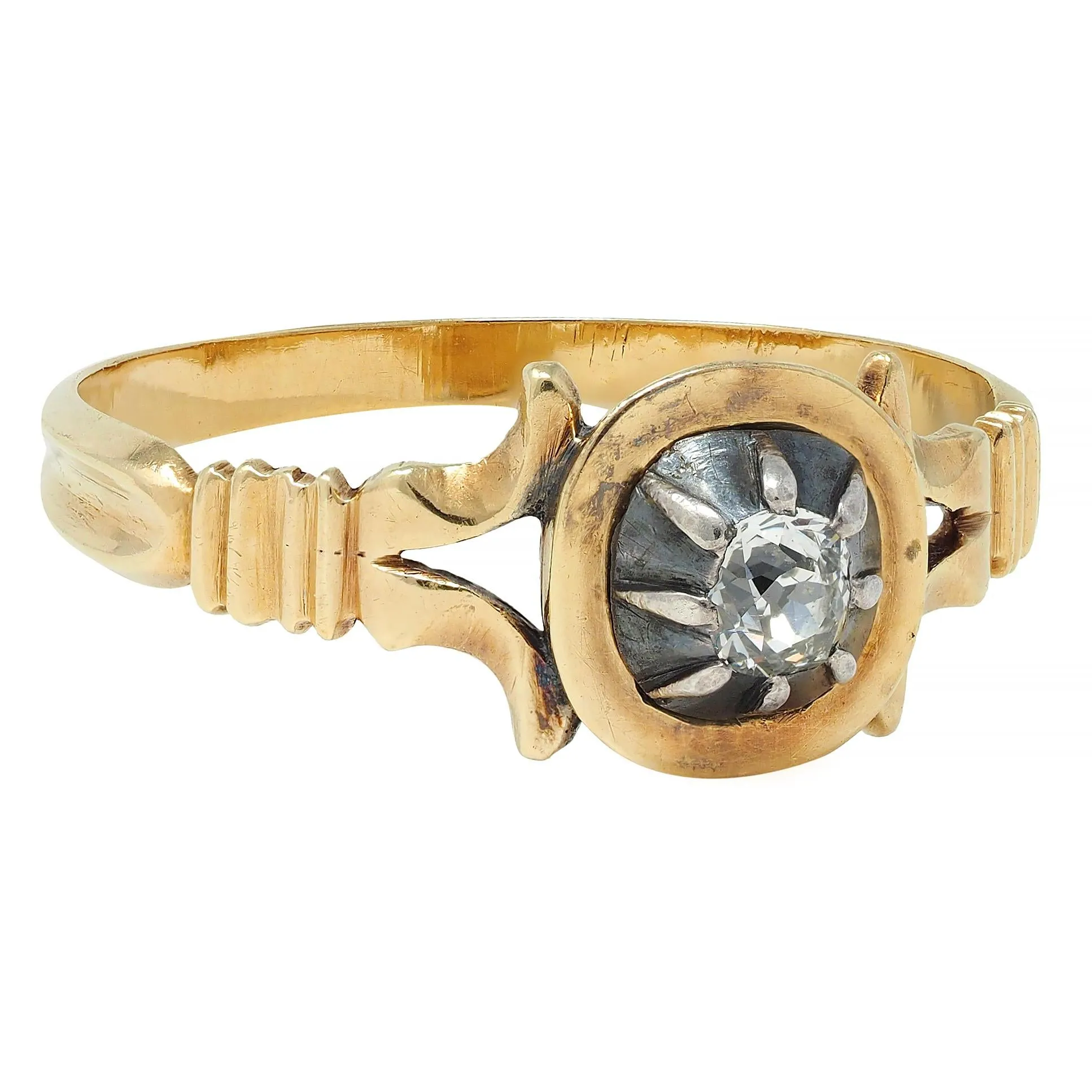 Georgian Old Mine Cut Diamond Silver-Topped 18 Karat Gold Antique Engagement Ring