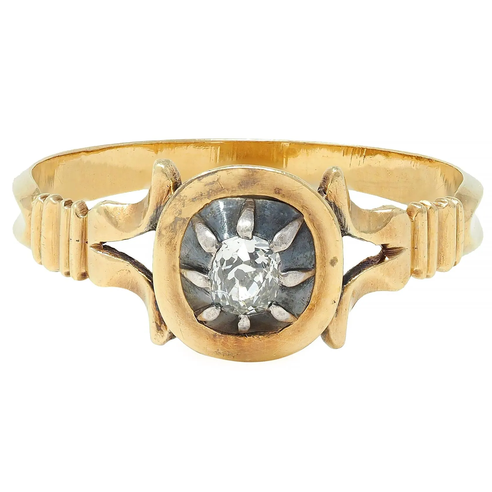 Georgian Old Mine Cut Diamond Silver-Topped 18 Karat Gold Antique Engagement Ring
