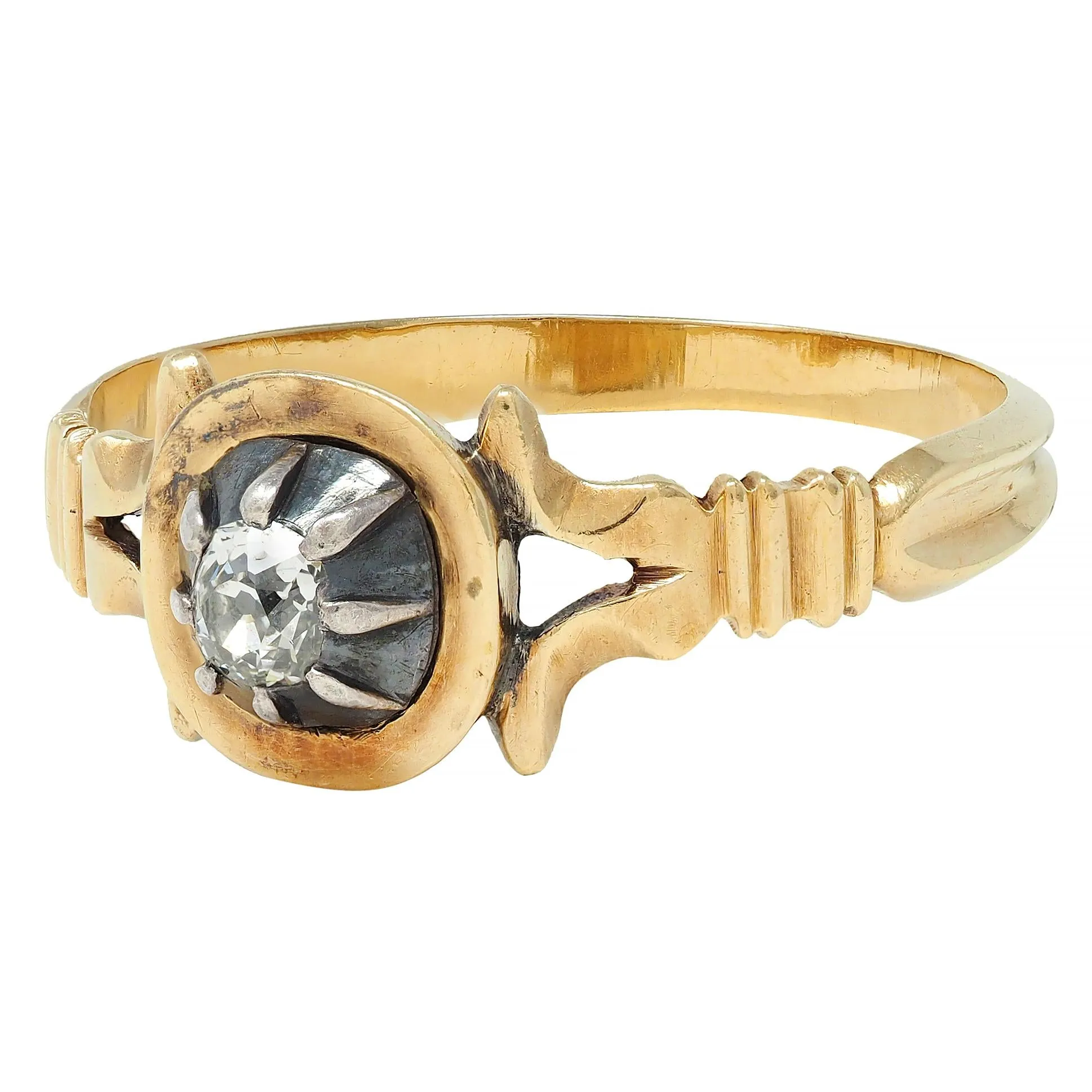 Georgian Old Mine Cut Diamond Silver-Topped 18 Karat Gold Antique Engagement Ring
