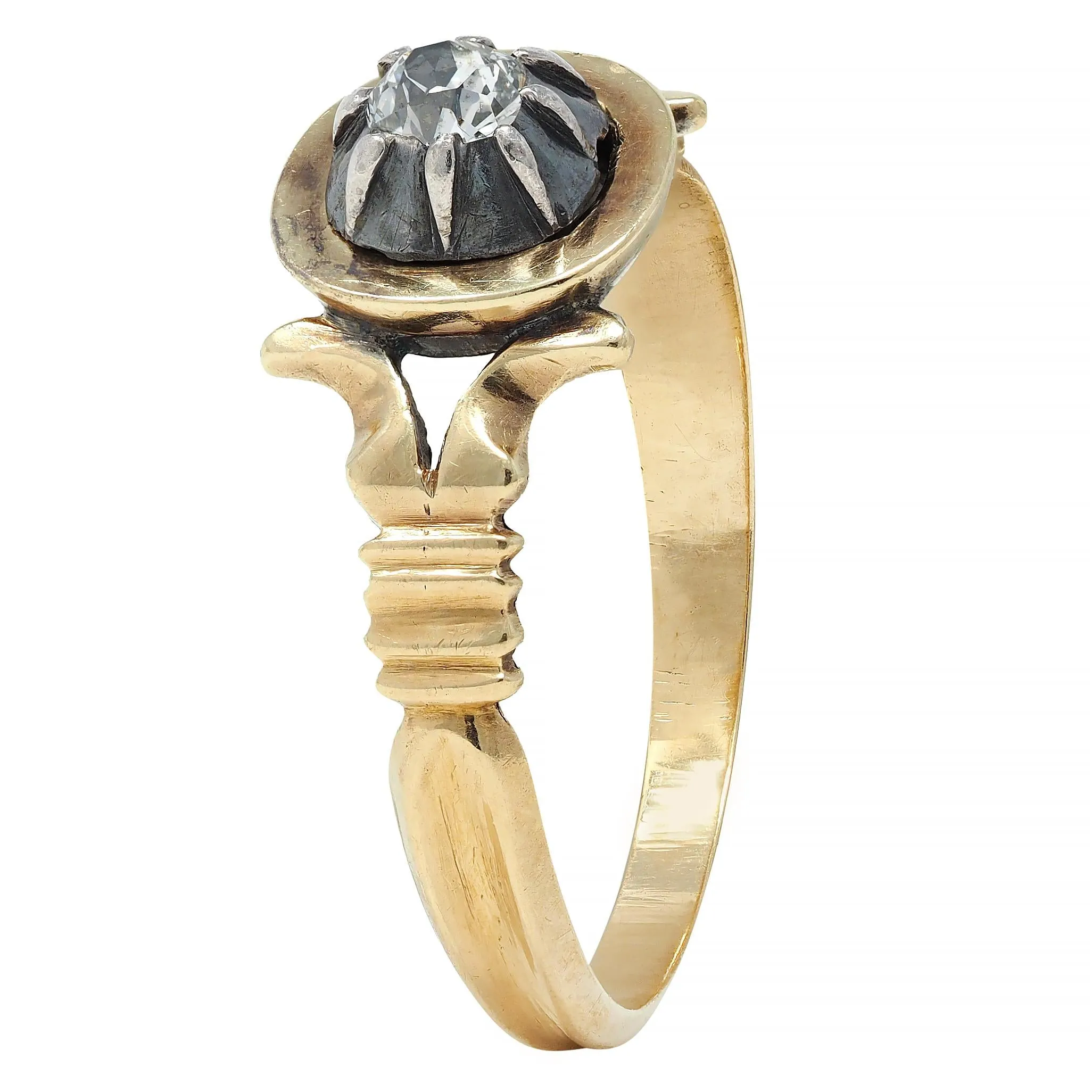 Georgian Old Mine Cut Diamond Silver-Topped 18 Karat Gold Antique Engagement Ring