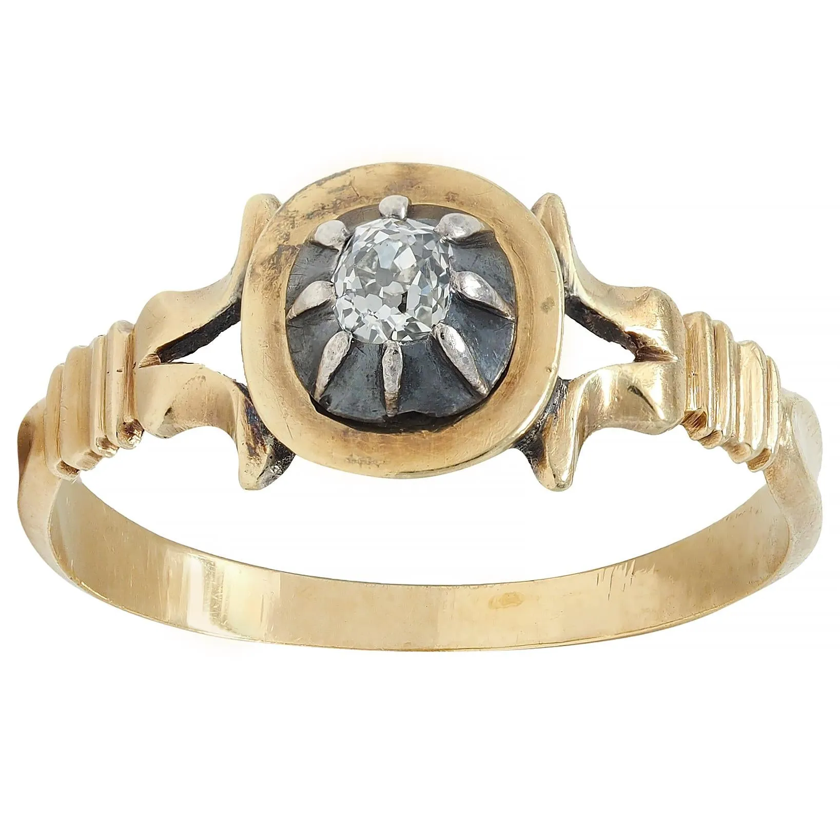 Georgian Old Mine Cut Diamond Silver-Topped 18 Karat Gold Antique Engagement Ring