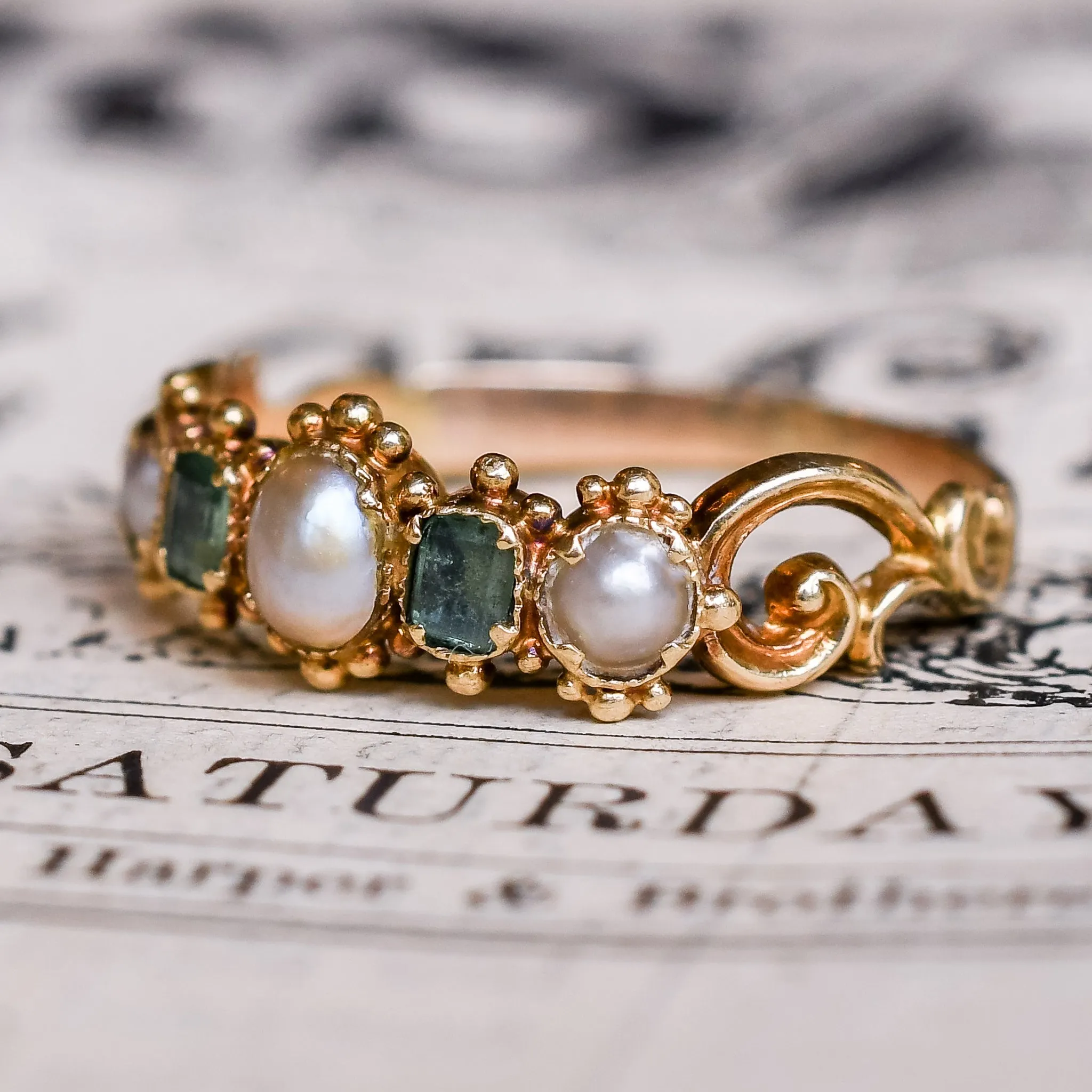 Georgian Pearl & Emerald Half Hoop Band