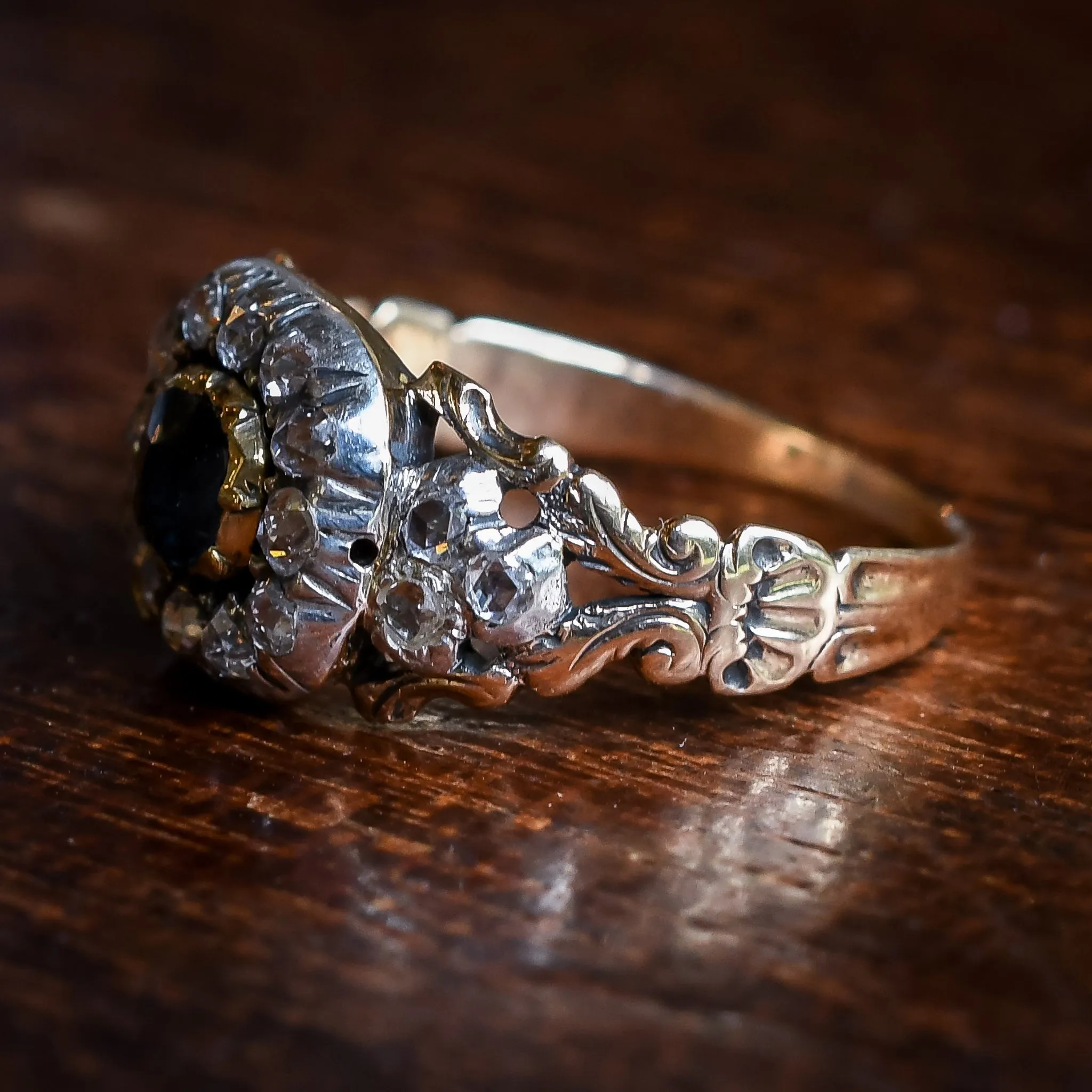 Georgian Sapphire & Diamond Cushion Cluster Ring