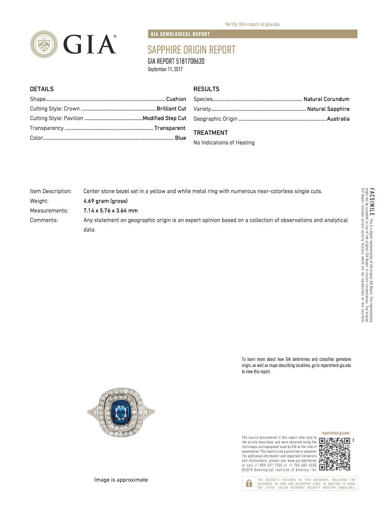 GIA Certified Edwardian 18k Natural No Treatment 1.75 Carat Australian Sapphire & Diamond Ring
