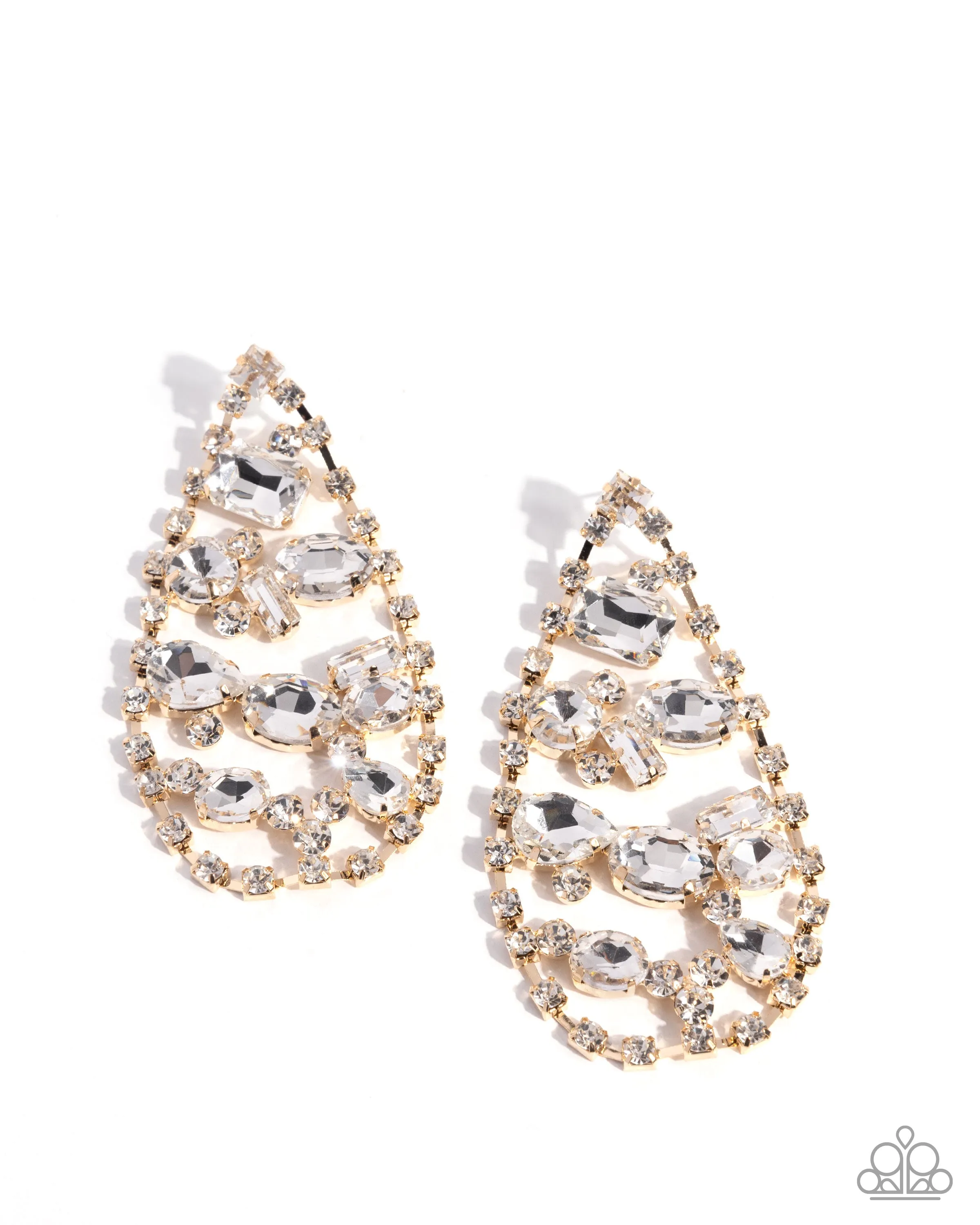 Giant Glitter - Gold - White Gem Teardrop Paparazzi Post Earrings