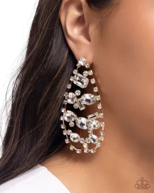 Giant Glitter - Gold - White Gem Teardrop Paparazzi Post Earrings