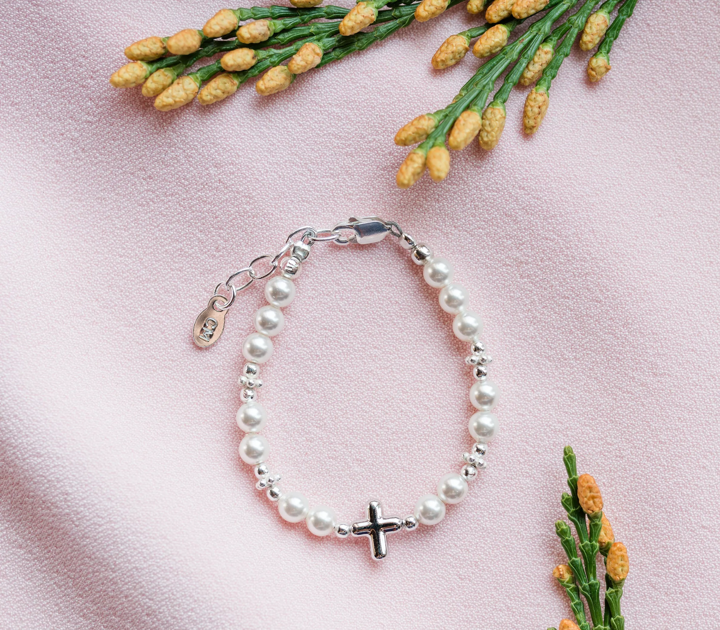 Girls Sterling Silver  Simulated Pearl with Cross Bracelet for Baptism or First Communion