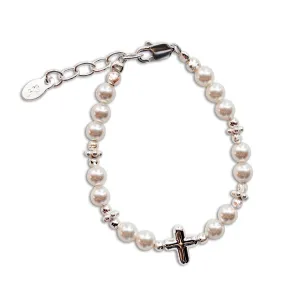 Girls Sterling Silver  Simulated Pearl with Cross Bracelet for Baptism or First Communion