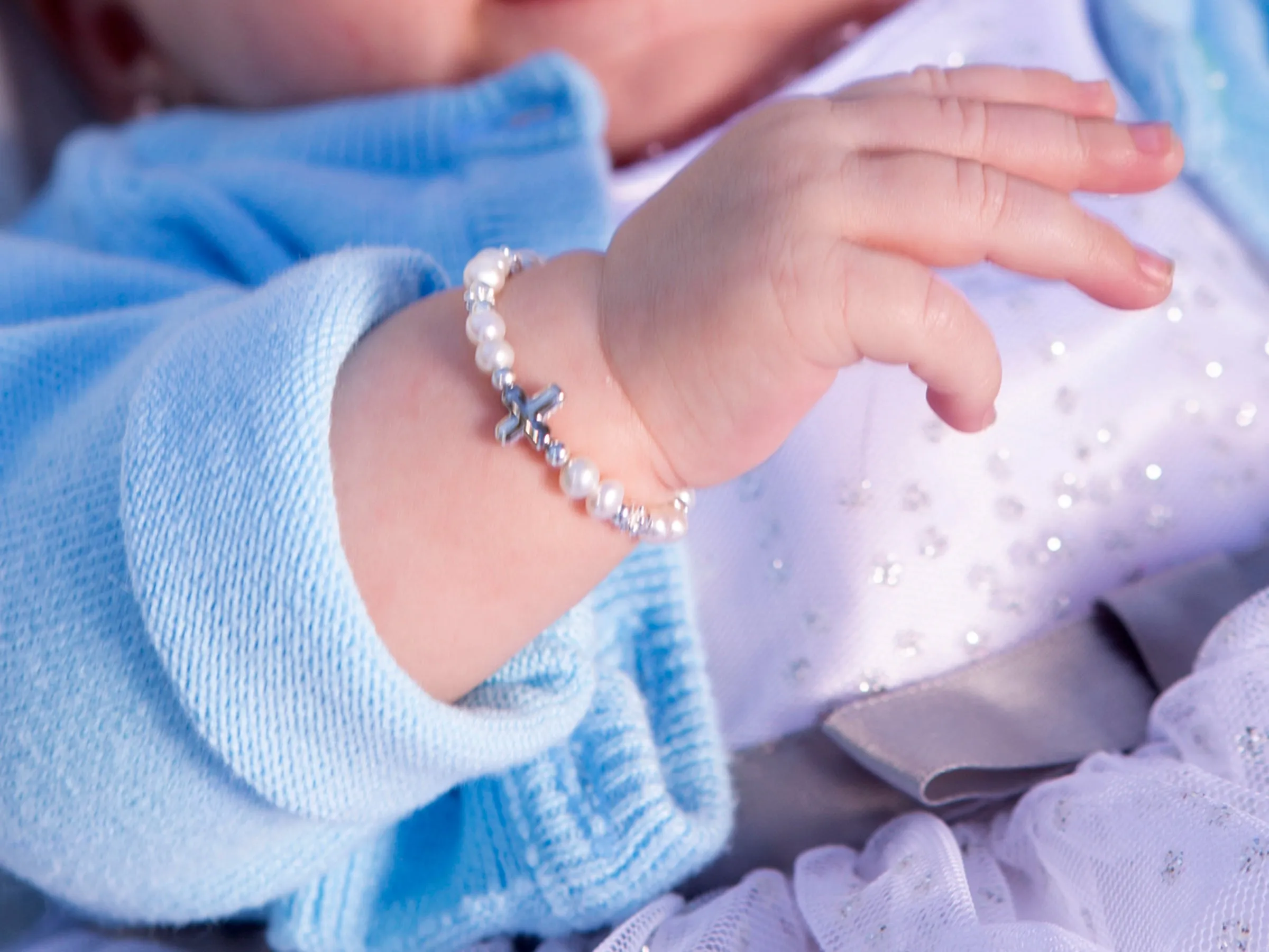 Girls Sterling Silver  Simulated Pearl with Cross Bracelet for Baptism or First Communion
