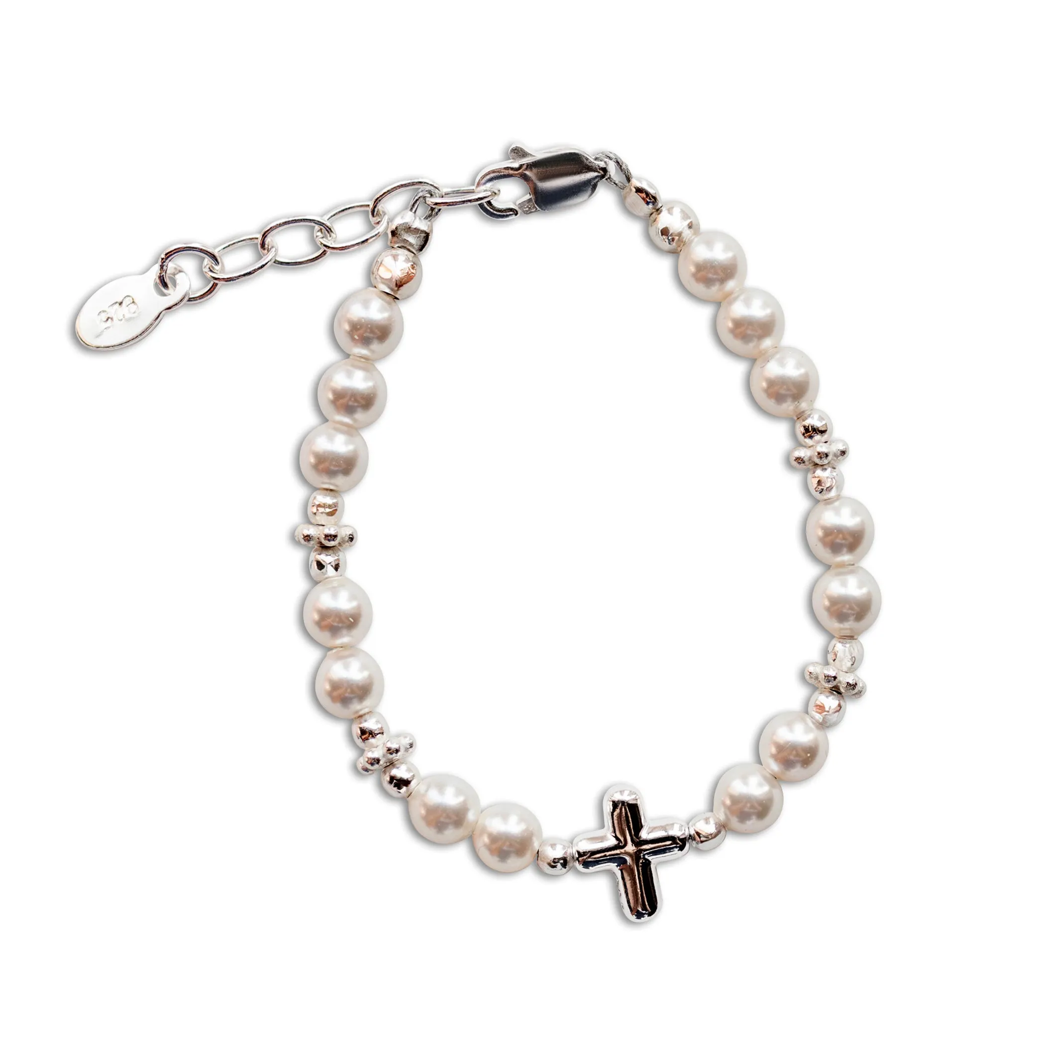 Girls Sterling Silver  Simulated Pearl with Cross Bracelet for Baptism or First Communion