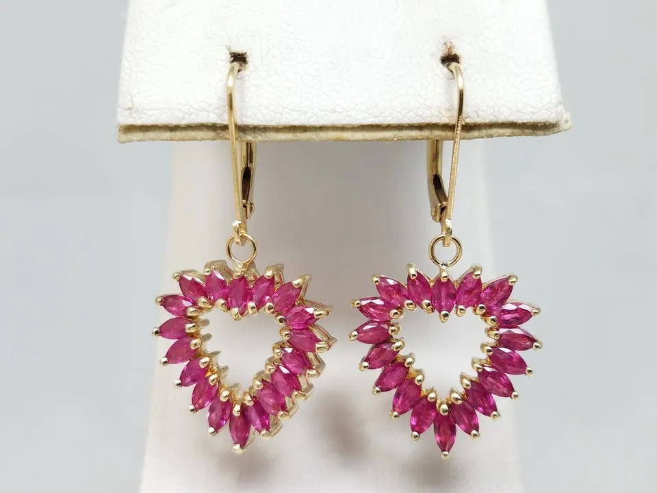 Gleaming 14k Yellow Gold Natural Ruby Heart Dangle Earrings