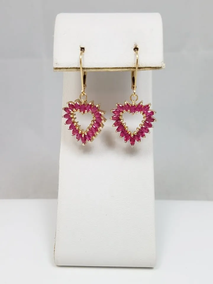 Gleaming 14k Yellow Gold Natural Ruby Heart Dangle Earrings
