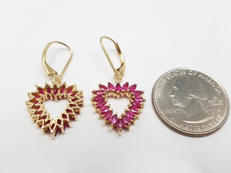 Gleaming 14k Yellow Gold Natural Ruby Heart Dangle Earrings