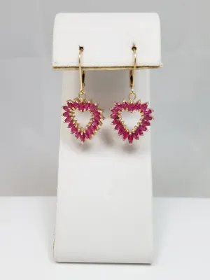Gleaming 14k Yellow Gold Natural Ruby Heart Dangle Earrings