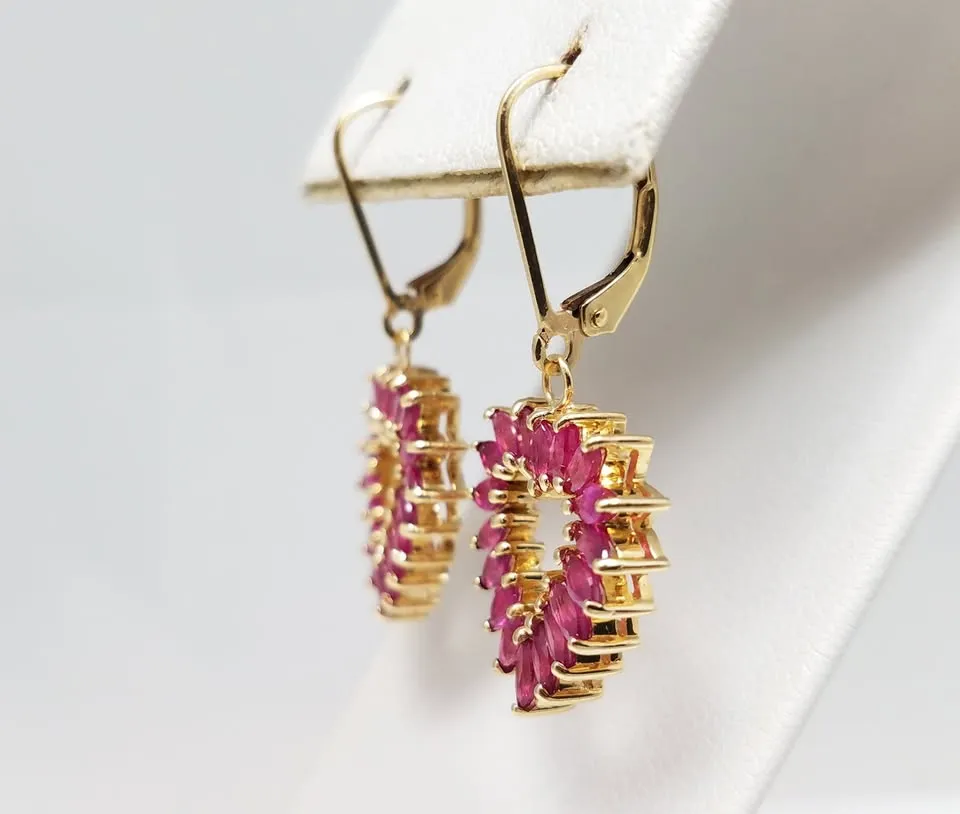 Gleaming 14k Yellow Gold Natural Ruby Heart Dangle Earrings