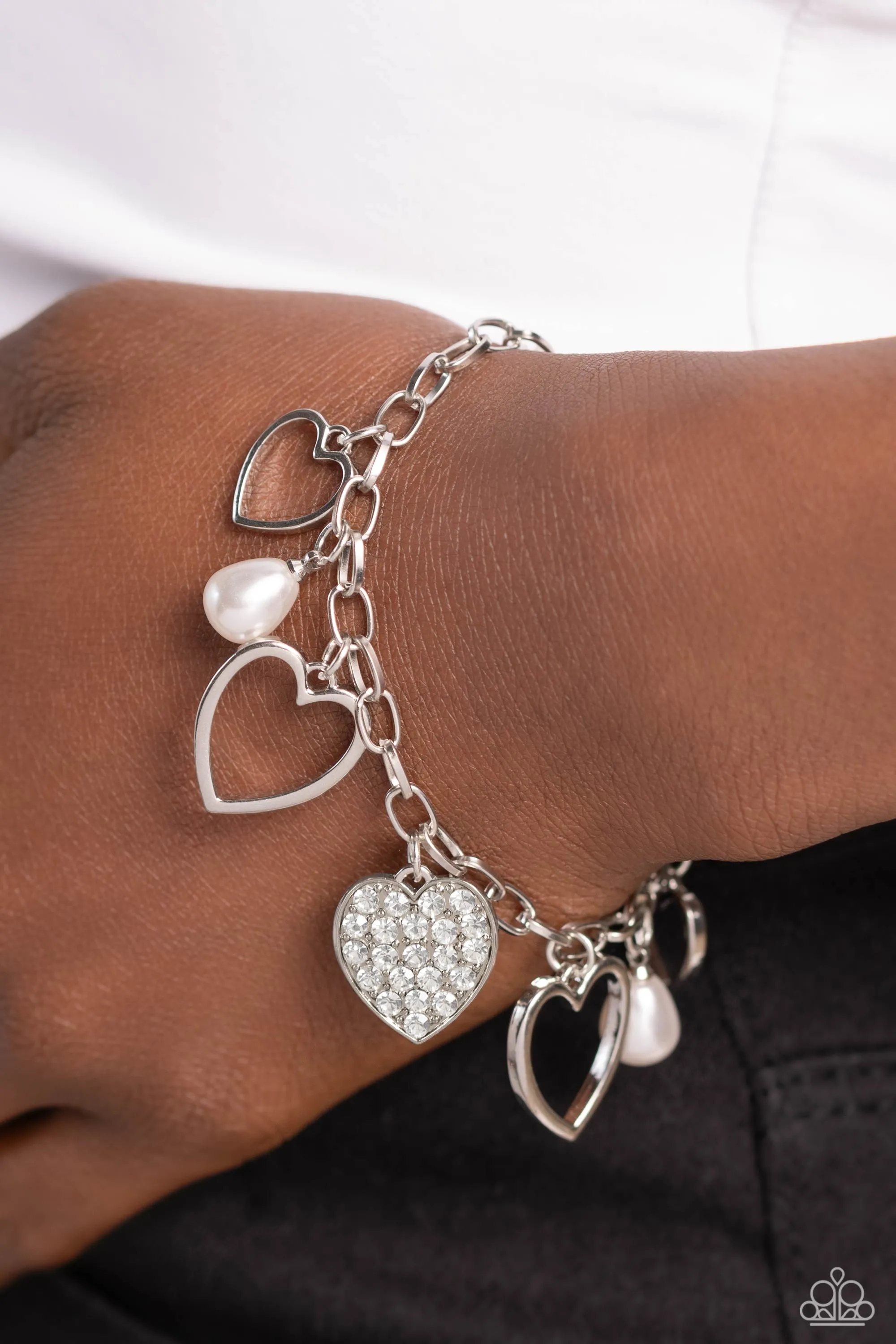GLOW Your Heart - White - Pearl and Rhinestone Silver Heart Paparazzi Lobster Claw Bracelet