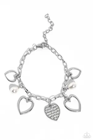 GLOW Your Heart - White - Pearl and Rhinestone Silver Heart Paparazzi Lobster Claw Bracelet