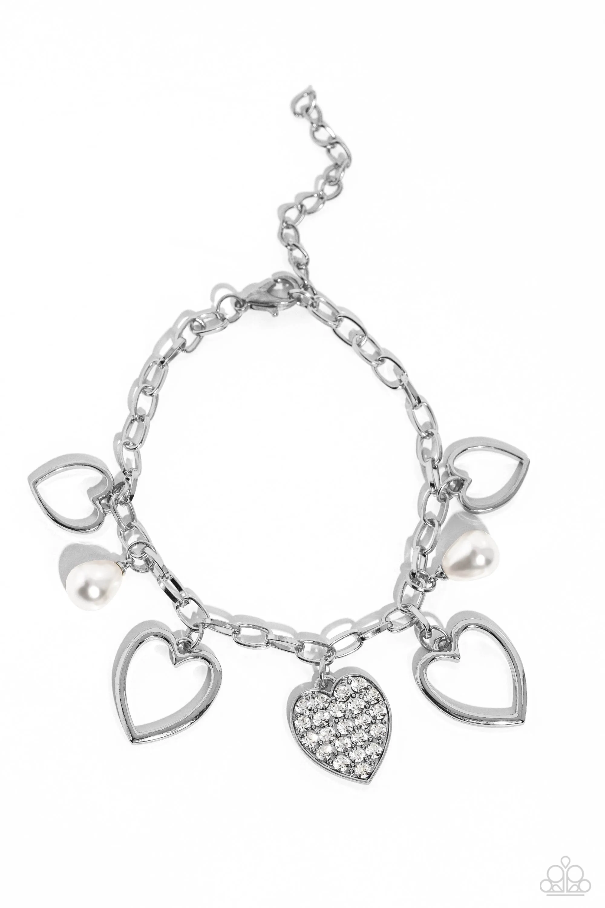 GLOW Your Heart - White - Pearl and Rhinestone Silver Heart Paparazzi Lobster Claw Bracelet