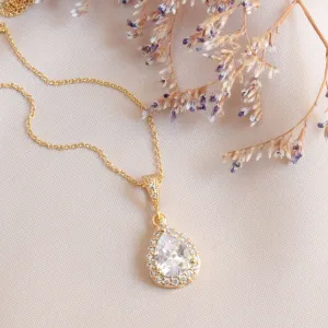 Gold Dangle Teardrop Crystal Necklace