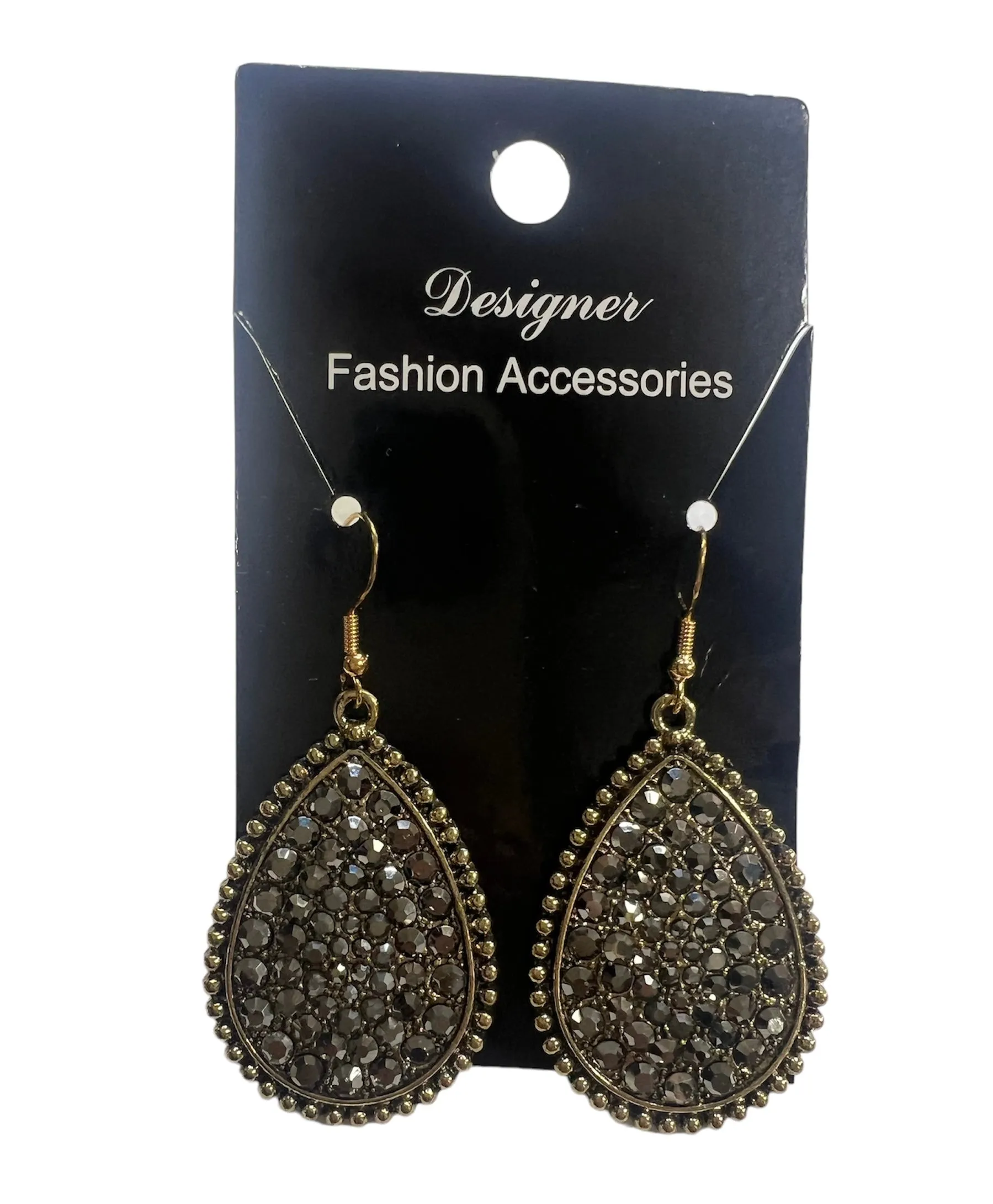 Gold Teardrop Earrings With Black Rhinestones