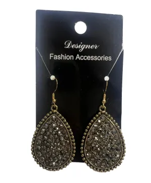 Gold Teardrop Earrings With Black Rhinestones
