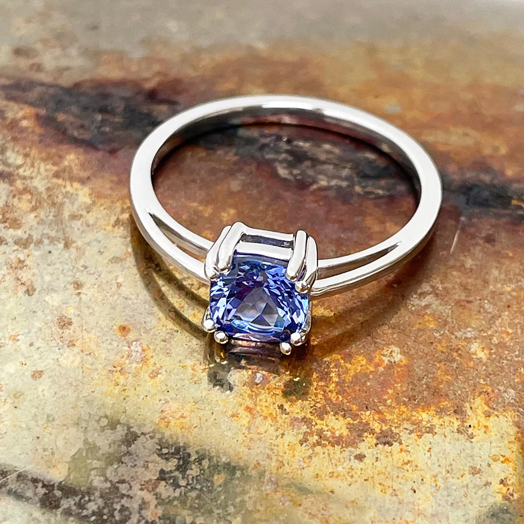 Gracefully Elevated Cushion Cut Four Claw White Gold Tanzanite Ring