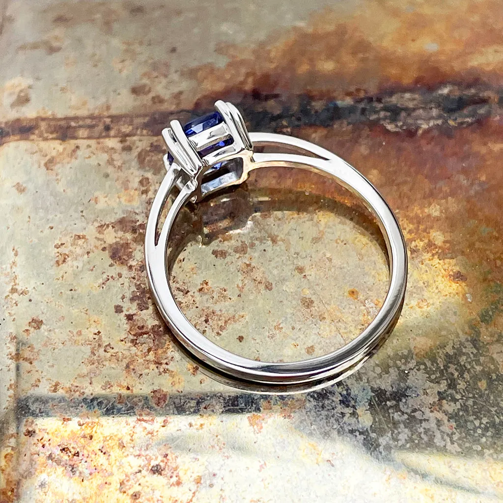 Gracefully Elevated Cushion Cut Four Claw White Gold Tanzanite Ring