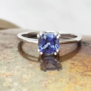 Gracefully Elevated Cushion Cut Four Claw White Gold Tanzanite Ring