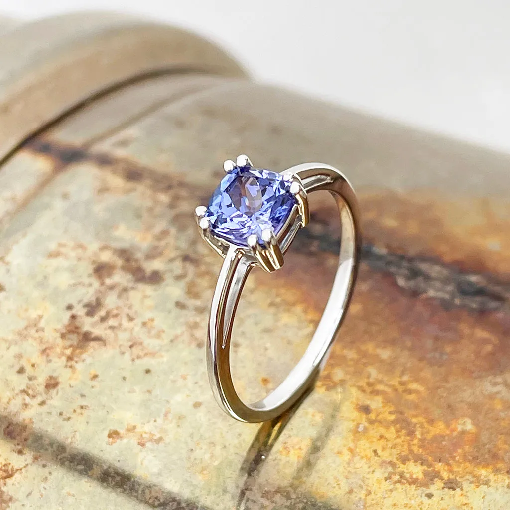 Gracefully Elevated Cushion Cut Four Claw White Gold Tanzanite Ring