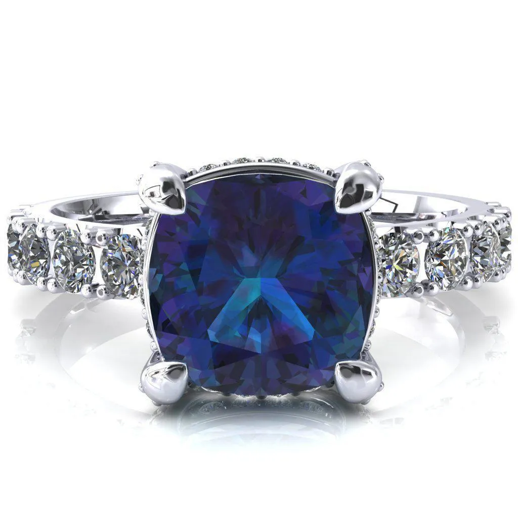 Grandeur Cushion Alexandrite 4 Prong Basket and Half Eternity Fire Ring