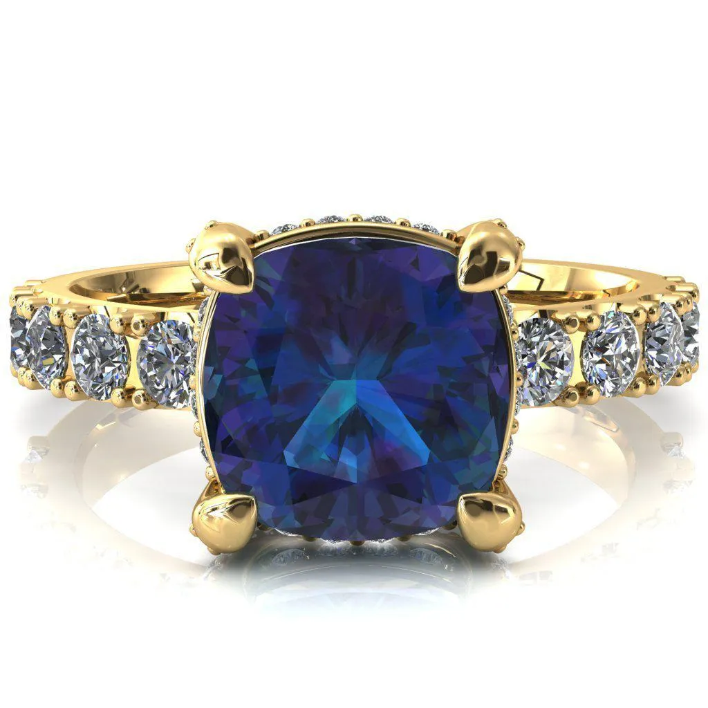 Grandeur Cushion Alexandrite 4 Prong Basket and Half Eternity Fire Ring