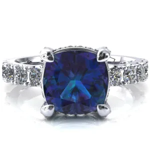 Grandeur Cushion Alexandrite 4 Prong Basket and Half Eternity Fire Ring