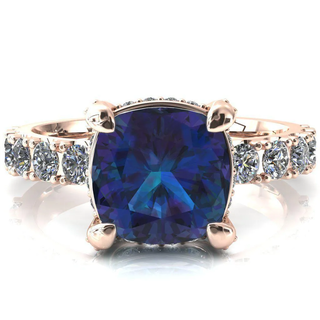Grandeur Cushion Alexandrite 4 Prong Basket and Half Eternity Fire Ring