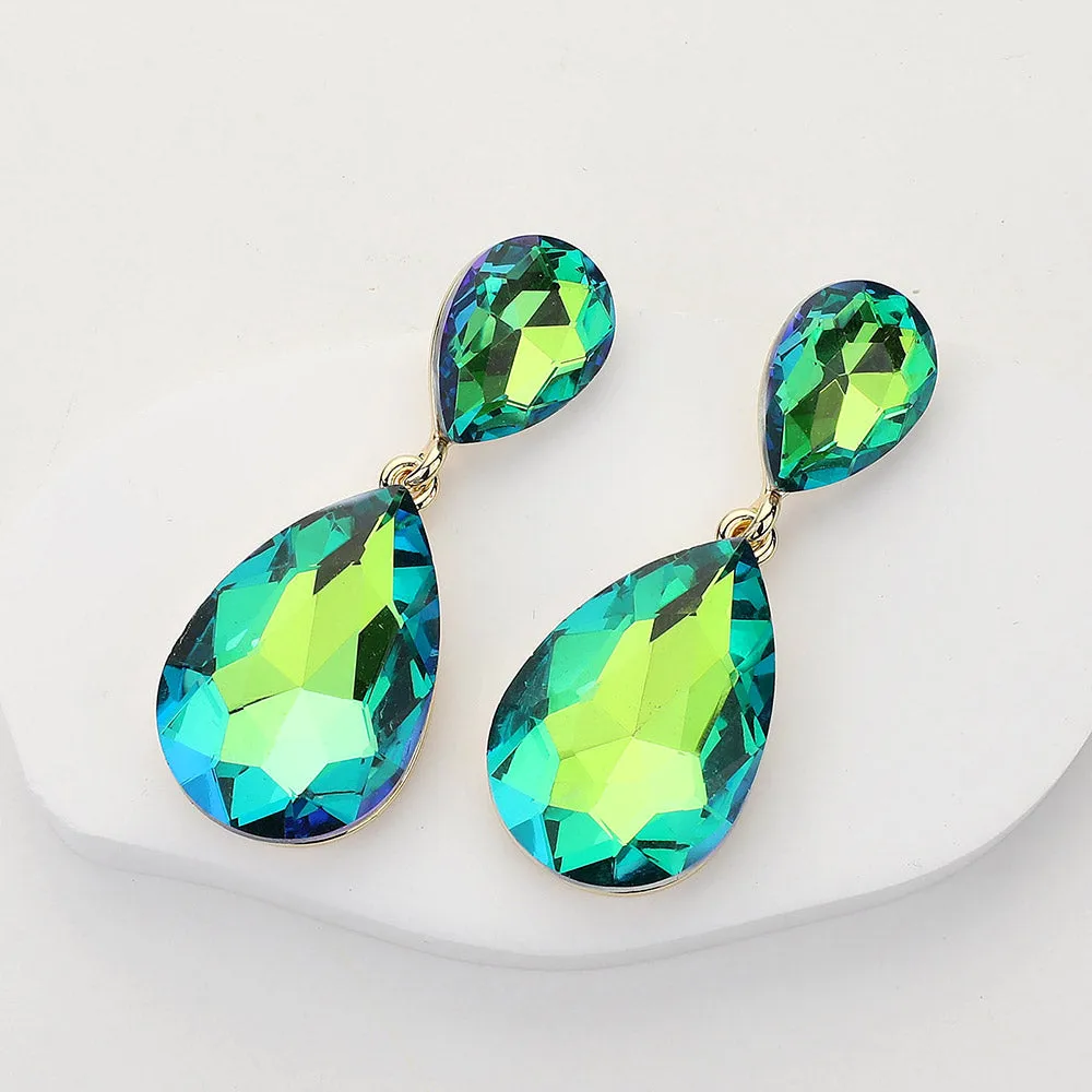 Green AB Teardrop Marquise Stone in Open Circle Rhinestones Pageant Earrings | Headshot Earrings |  648874