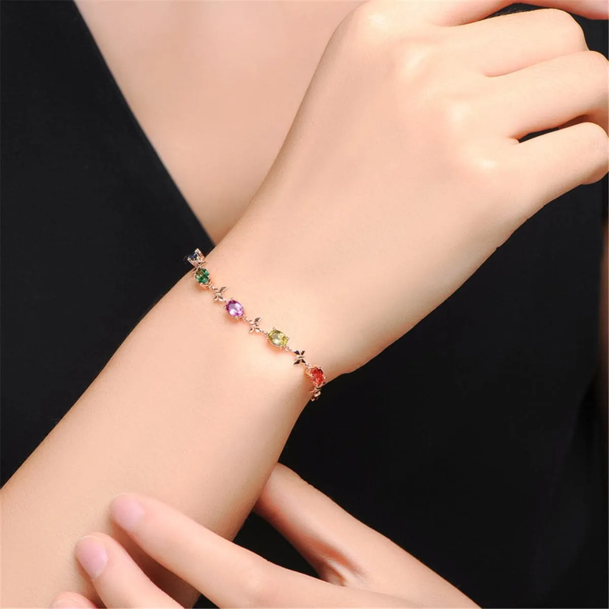 Green Crystal & 18K Rose Gold-Plated Butterfly Charm Bracelet
