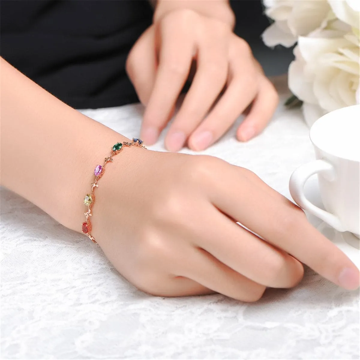 Green Crystal & 18K Rose Gold-Plated Butterfly Charm Bracelet