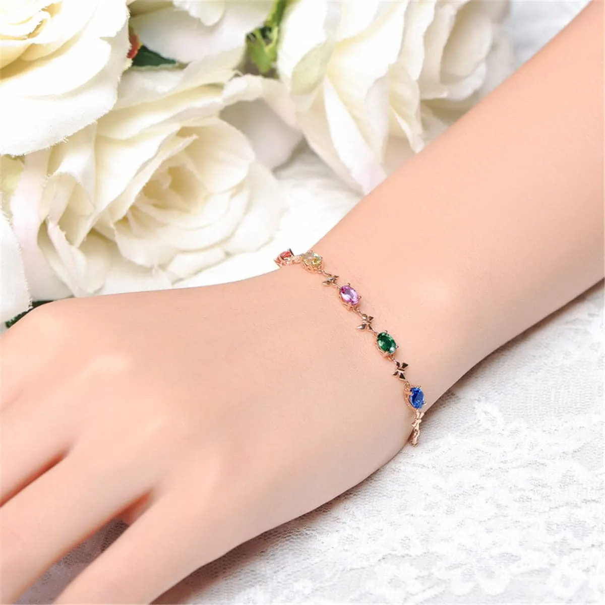 Green Crystal & 18K Rose Gold-Plated Butterfly Charm Bracelet