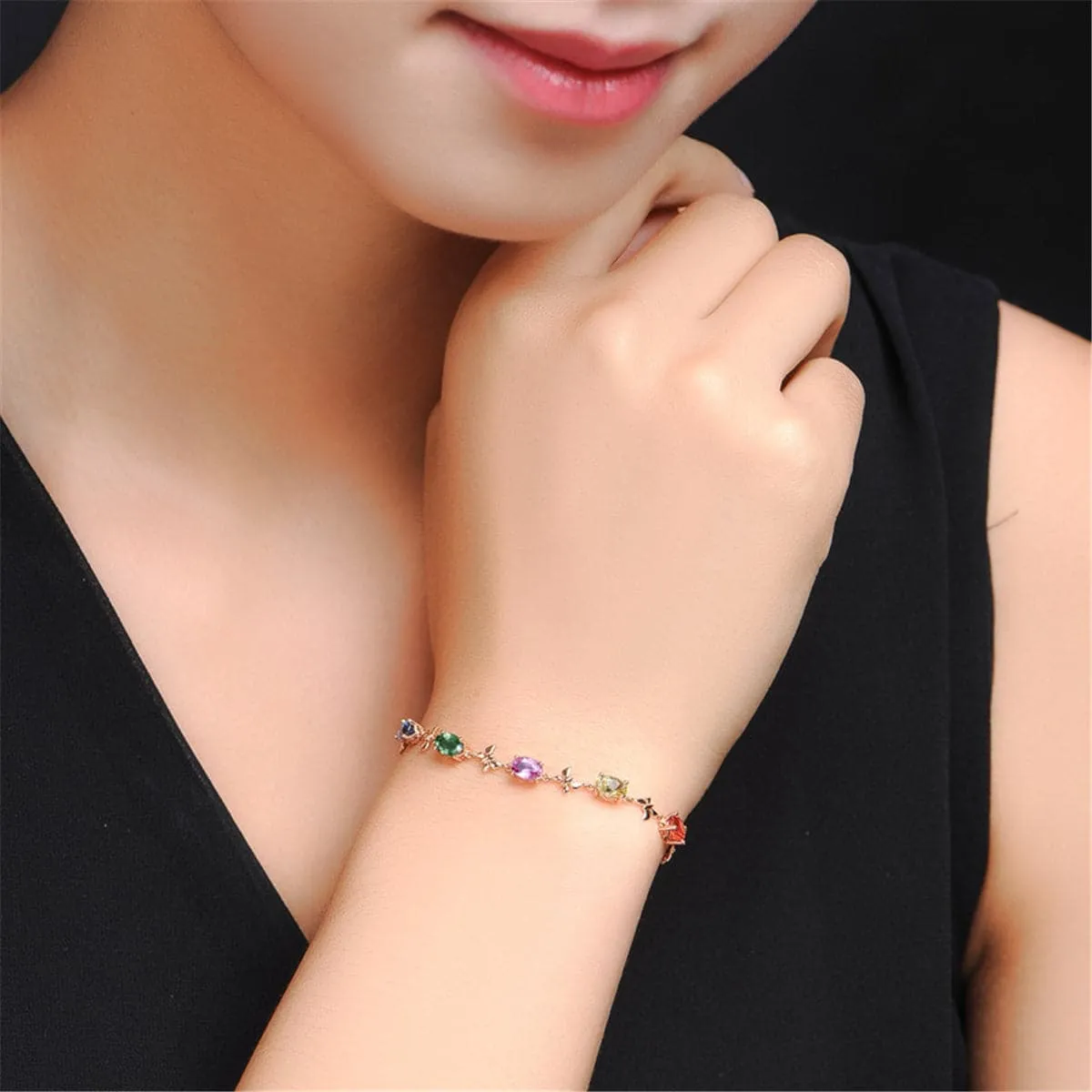 Green Crystal & 18K Rose Gold-Plated Butterfly Charm Bracelet