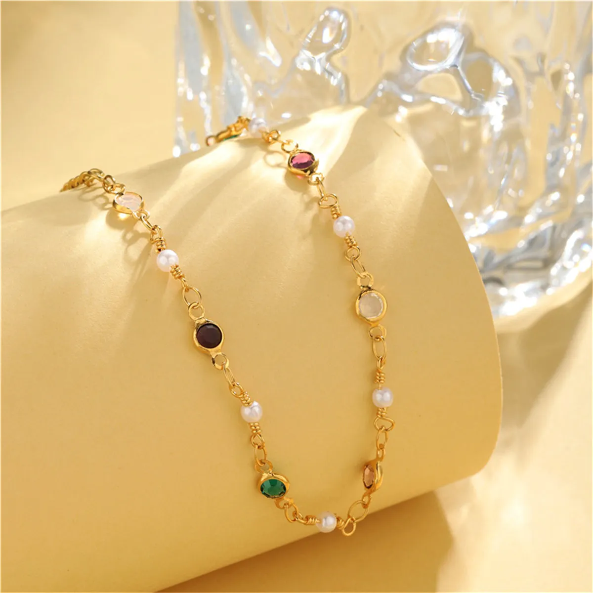 Green Crystal & Pearl 18K Gold-Plated Adjustable Bracelet